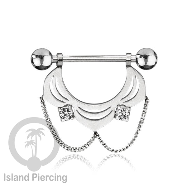 Steel Nipple Piercing, Tindik Puting stainless warna Silver dengan Rantai dan Kristal