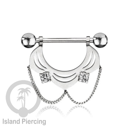 Steel Nipple Piercing, Tindik Puting stainless warna Silver dengan Rantai dan Kristal