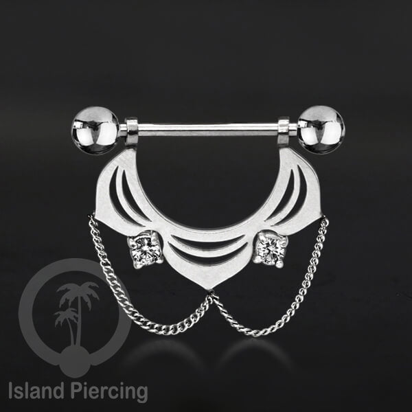 Steel Nipple Piercing, Tindik Puting stainless warna Silver dengan Rantai dan Kristal