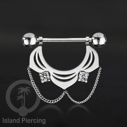 Steel Nipple Piercing, Tindik Puting stainless warna Silver dengan Rantai dan Kristal