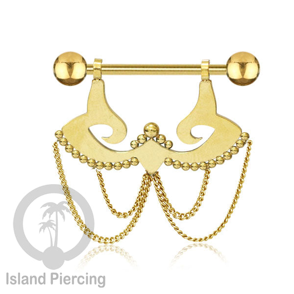 316L Steel Nipple Piercing PVD Gold Plating, Tindik Puting stainless dengan Rantai