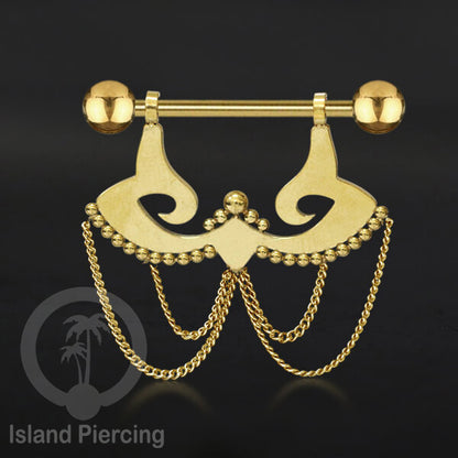 316L Steel Nipple Piercing PVD Gold Plating, Tindik Puting stainless dengan Rantai