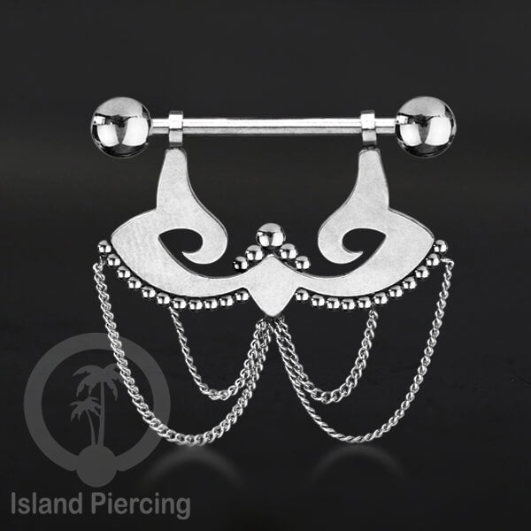 Steel Nipple Piercing, Tindik Puting stainless warna Silver dengan Rantai dan Kristal