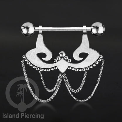 Steel Nipple Piercing, Tindik Puting stainless warna Silver dengan Rantai dan Kristal