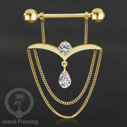 316L Steel Nipple Piercing PVD Gold Plating, Tindik Puting stainless dengan Rantai