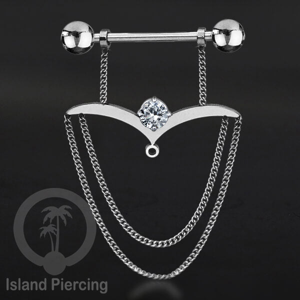 Steel Nipple Piercing, Tindik Puting stainless warna Silver dengan Rantai dan Kristal