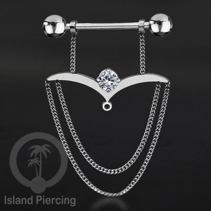 Steel Nipple Piercing, Tindik Puting stainless warna Silver dengan Rantai dan Kristal