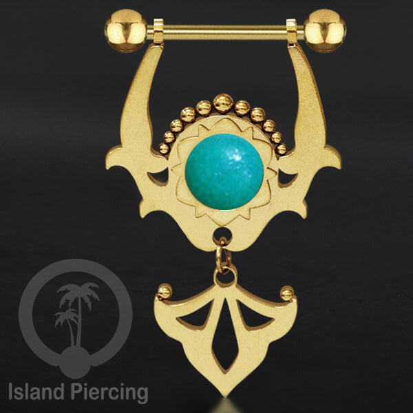 Tindik Puting Stainless warna Gold dengan Liontin dan epoxy. Nipple Steel Piercing Jewelry