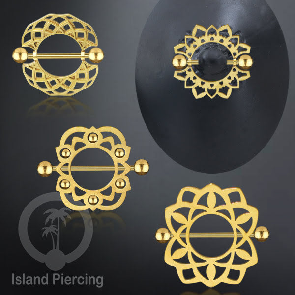 Steel Nipple Shields Piercing, Tindik Puting Stainless bulat, warna gold.