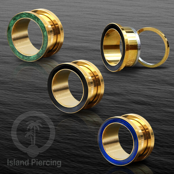 Steel Ear-tunnel Anting Piercing Plug Stainless warna gold dengan warna epoxy, hitam, biru dan hijau
