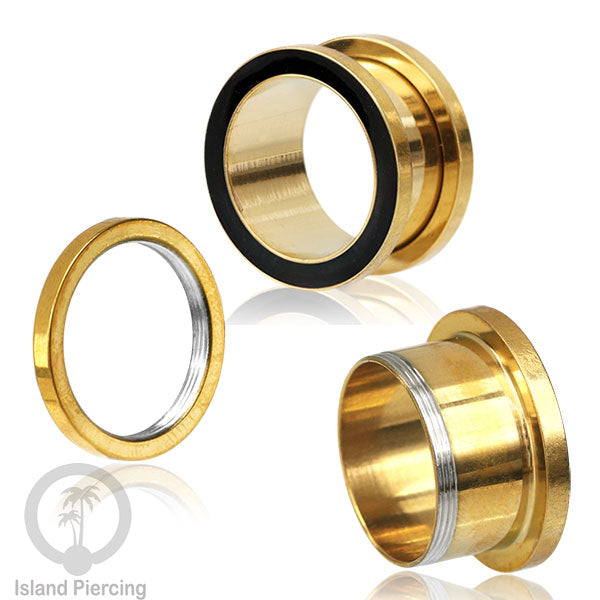 Steel Ear-tunnel Anting Piercing Plug Stainless warna gold dengan warna epoxy, hitam, biru dan hijau