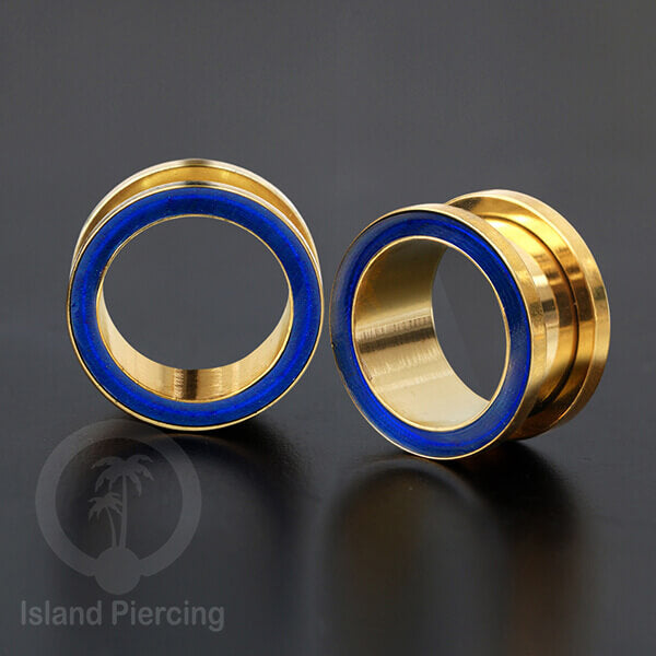 Steel Ear-tunnel Anting Piercing Plug Stainless warna gold dengan warna epoxy, hitam, biru dan hijau