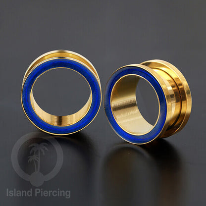 Steel Ear-tunnel Anting Piercing Plug Stainless warna gold dengan warna epoxy, hitam, biru dan hijau