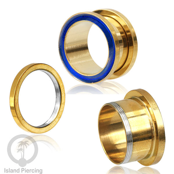 Steel Ear-tunnel Anting Piercing Plug Stainless warna gold dengan warna epoxy, hitam, biru dan hijau