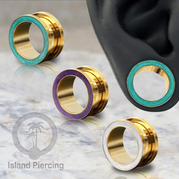 Steel Ear-tunnel Anting Piercing Plug Stainless warna gold dengan warna epoxy, Turquoise, Ungu &amp; Putih