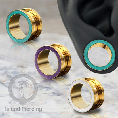 Steel Ear-tunnel Anting Piercing Plug Stainless warna gold dengan warna epoxy, Turquoise, Ungu &amp; Putih