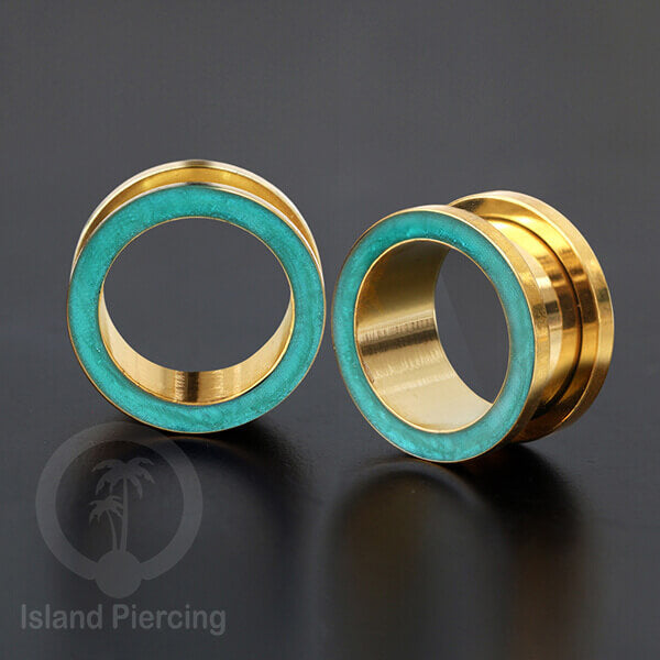 Steel Ear-tunnel Anting Piercing Plug Stainless warna gold dengan warna epoxy, Turquoise, Ungu &amp; Putih