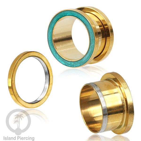 Steel Ear-tunnel Anting Piercing Plug Stainless warna gold dengan warna epoxy, Turquoise, Ungu &amp; Putih
