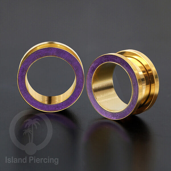 Steel Ear-tunnel Anting Piercing Plug Stainless warna gold dengan warna epoxy, Turquoise, Ungu &amp; Putih