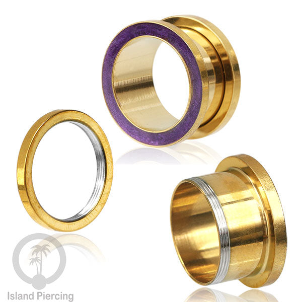 Steel Ear-tunnel Anting Piercing Plug Stainless warna gold dengan warna epoxy, Turquoise, Ungu &amp; Putih