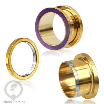 Steel Ear-tunnel Anting Piercing Plug Stainless warna gold dengan warna epoxy, Turquoise, Ungu &amp; Putih