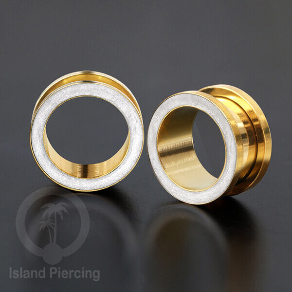 Steel Ear-tunnel Anting Piercing Plug Stainless warna gold dengan warna epoxy, Turquoise, Ungu &amp; Putih