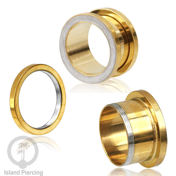Steel Ear-tunnel Anting Piercing Plug Stainless warna gold dengan warna epoxy, Turquoise, Ungu &amp; Putih