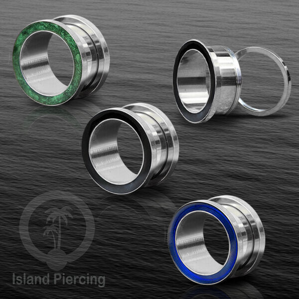 Steel Ear-tunnel Anting Piercing Plug Stainless warna silver dengan warna epoxy, hitam, biru dan hijau