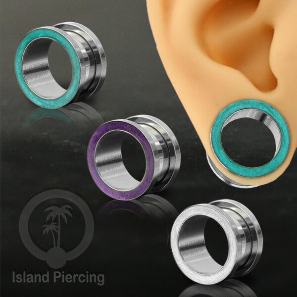 Steel Ear-tunnel Anting Piercing Plug Stainless warna silver dengan warna epoxy, Turquoise, Ungu &amp; Putih