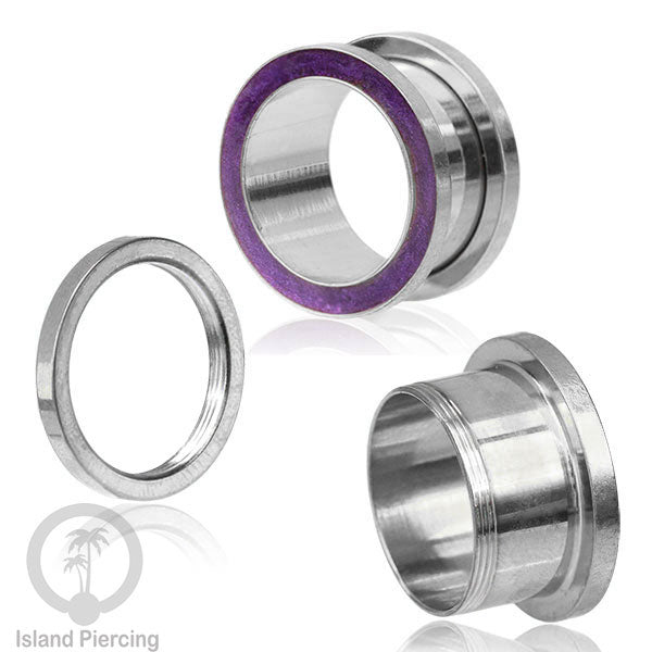 Steel Ear-tunnel Anting Piercing Plug Stainless warna silver dengan warna epoxy, Turquoise, Ungu &amp; Putih