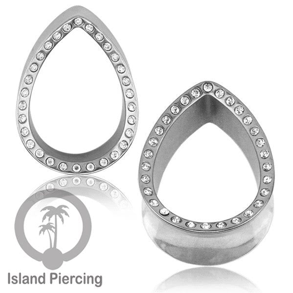 Steel Ear-tunnel Tear Drop Plug Piercing Stainless dengan Kristal Zirconia