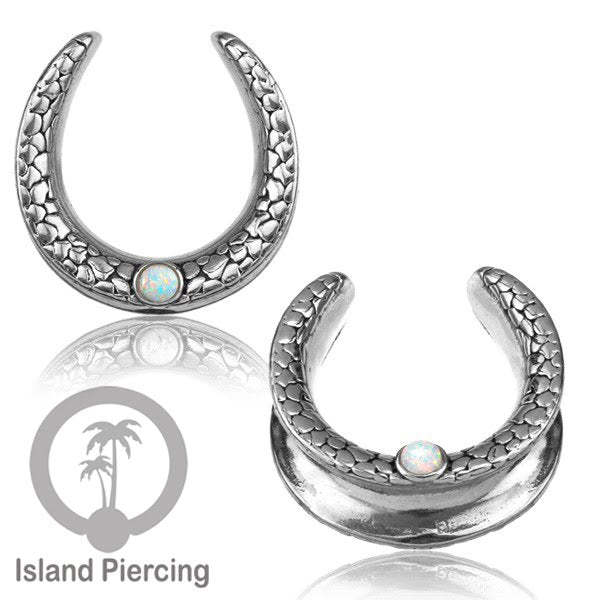 Steel Ear-tunnel Body Jewelry Plug Stainless saddle style with white Opal