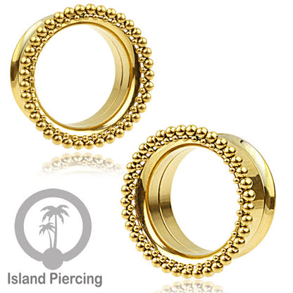 Anting Tunnel Piercing Stainless warna gold dengan dekorasi Hati dan Bola
