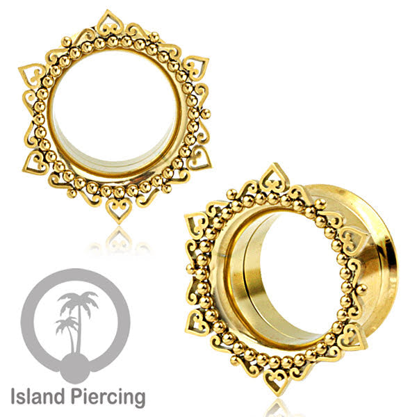 Anting Tunnel Piercing Stainless warna gold dengan dekorasi Hati dan Bola