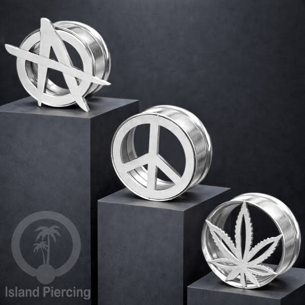 Anting Tindik Plug Stainless warna silver Ear-tunnel Piercing motif Anarchy, Ganja, Peace