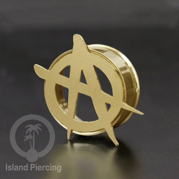 Anting Tindik Plug Stainless warna gold Ear-tunnel Piercing motif Anarchy, Ganja, Peace