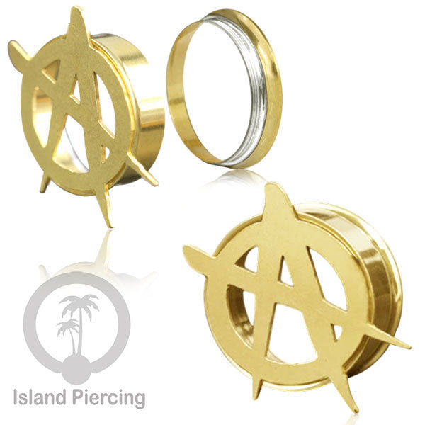 Anting Tindik Plug Stainless warna gold Ear-tunnel Piercing motif Anarchy, Ganja, Peace