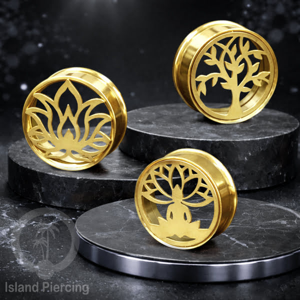 Anting Tindik Plug Stainless warna gold Ear-tunnel Piercing motif Tree of Life, Buddha dan Lotus