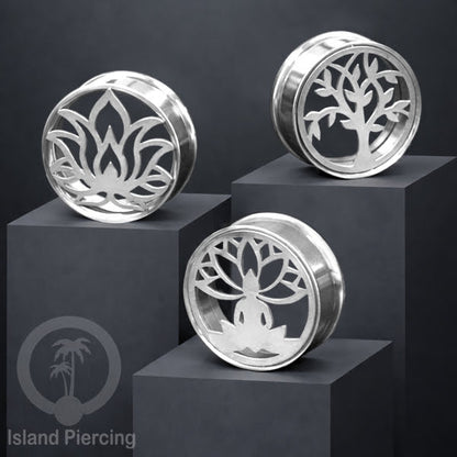 Anting Tindik Plug Stainless warna silver Ear-tunnel Piercing motif Tree of Life, Buddha dan Lotus