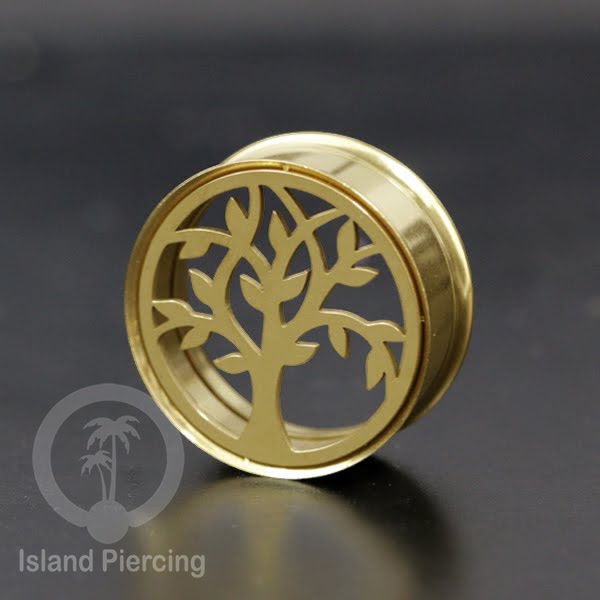 Anting Tindik Plug Stainless warna gold Ear-tunnel Piercing motif Tree of Life, Buddha dan Lotus