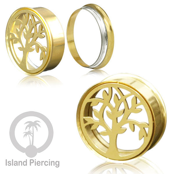 Anting Tindik Plug Stainless warna gold Ear-tunnel Piercing motif Tree of Life, Buddha dan Lotus