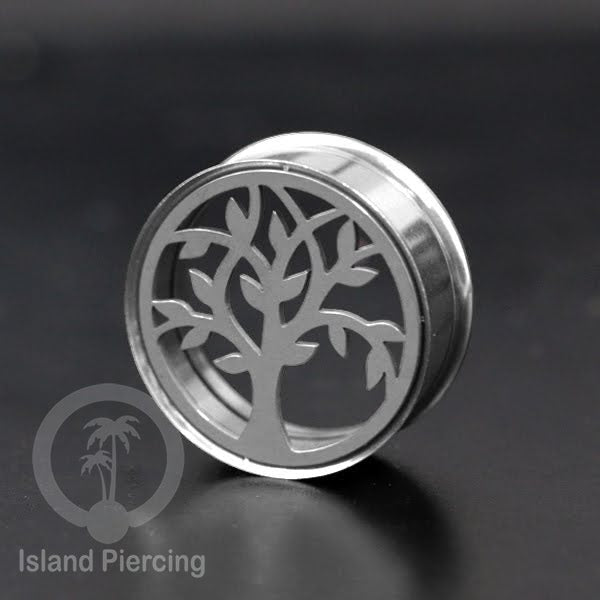 Anting Tindik Plug Stainless warna silver Ear-tunnel Piercing motif Tree of Life, Buddha dan Lotus