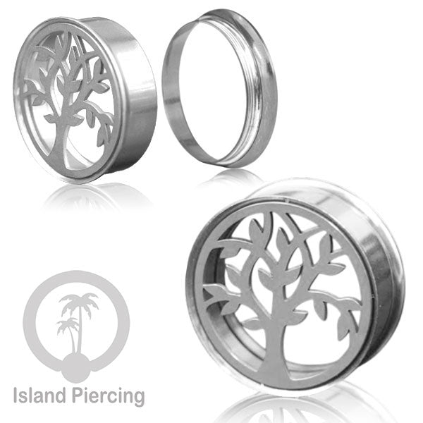 Anting Tindik Plug Stainless warna silver Ear-tunnel Piercing motif Tree of Life, Buddha dan Lotus