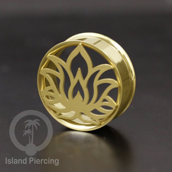 Anting Tindik Plug Stainless warna gold Ear-tunnel Piercing motif Tree of Life, Buddha dan Lotus