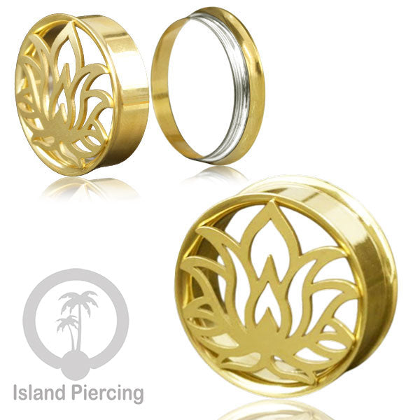 Anting Tindik Plug Stainless warna gold Ear-tunnel Piercing motif Tree of Life, Buddha dan Lotus