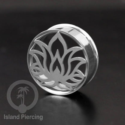 Anting Tindik Plug Stainless warna silver Ear-tunnel Piercing motif Tree of Life, Buddha dan Lotus