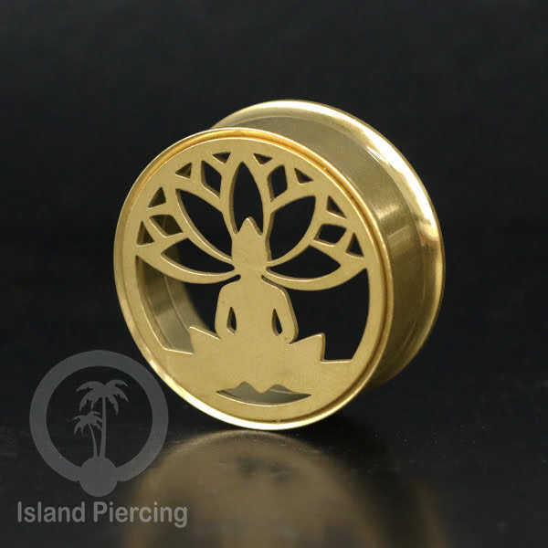 Anting Tindik Plug Stainless warna gold Ear-tunnel Piercing motif Tree of Life, Buddha dan Lotus