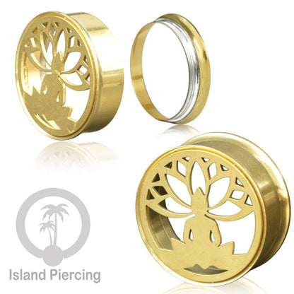 Anting Tindik Plug Stainless warna gold Ear-tunnel Piercing motif Tree of Life, Buddha dan Lotus