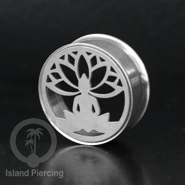 Anting Tindik Plug Stainless warna silver Ear-tunnel Piercing motif Tree of Life, Buddha dan Lotus