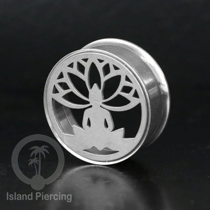 Anting Tindik Plug Stainless warna silver Ear-tunnel Piercing motif Tree of Life, Buddha dan Lotus